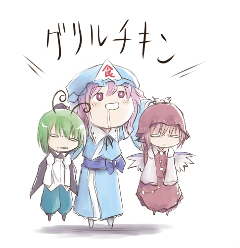 nekoguruma, mystia lorelei, saigyouji yuyuko, wriggle nightbug, touhou, lowres, translated, 3girls, antennae, cape, cat, chibi, female focus, green hair, hat, multiple girls, o o, pink eyes, pink hair, saliva, simple background, wings