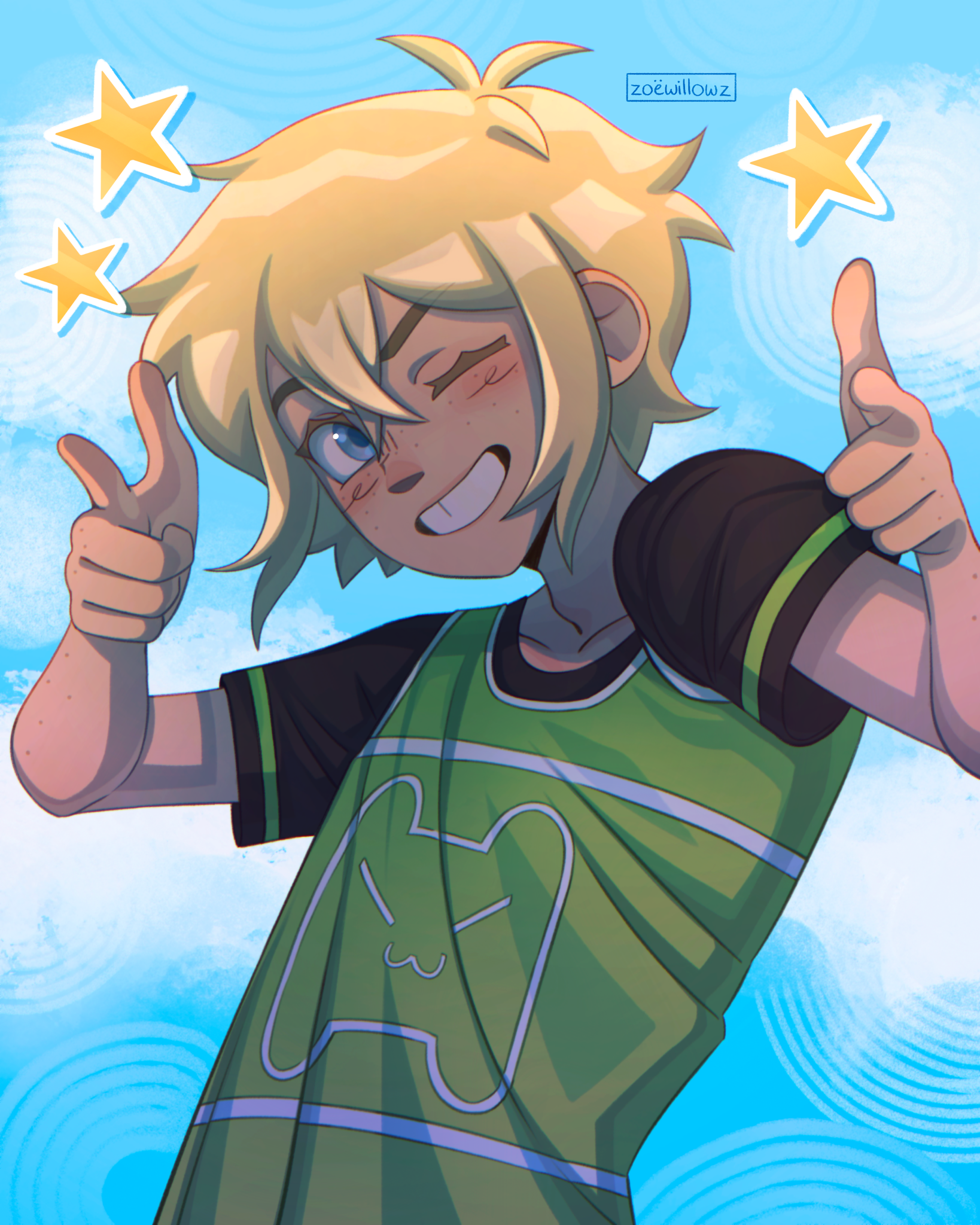 basil (faraway) (omori), basil (omori), omori, highres, 1boy, alternate costume, alternate universe, antenna hair, black shirt, blonde hair, blue eyes, blush, collarbone, double-parted bangs, hair between eyes, looking at viewer, male focus, omariposa, one eye closed, open mouth, pointing, pointing at viewer, shirt, short hair, short sleeves, sidelocks, smile, solo, teeth, tooth gap, upper body, zoewillowz