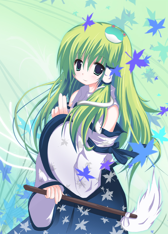 kochiya sanae, touhou, 1girl, female focus, green eyes, green hair, hair between eyes, long hair, solo, standing