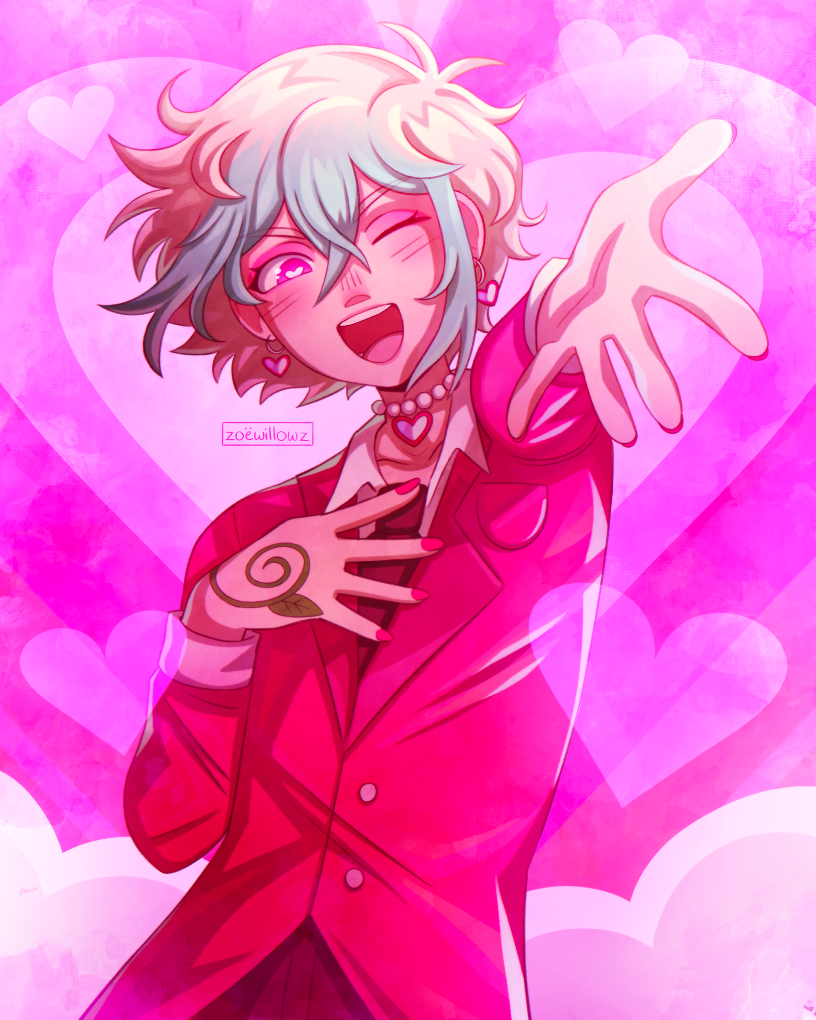 basil (faraway) (omori), basil (omori), omori, highres, 1boy, alternate costume, alternate eye color, alternate hair color, alternate universe, antenna hair, artist name, blonde hair, collarbone, double-parted bangs, earrings, gradient hair, green hair, hair between eyes, hand on own chest, heart, heart-shaped pupils, heart earrings, heart necklace, jewelry, long sleeves, looking at viewer, male focus, multicolored hair, necklace, open mouth, pink eyes, red nails, short hair, sidelocks, solo, symbol-shaped pupils, teeth, tongue, two-tone hair, upper teeth only, zoewillowz