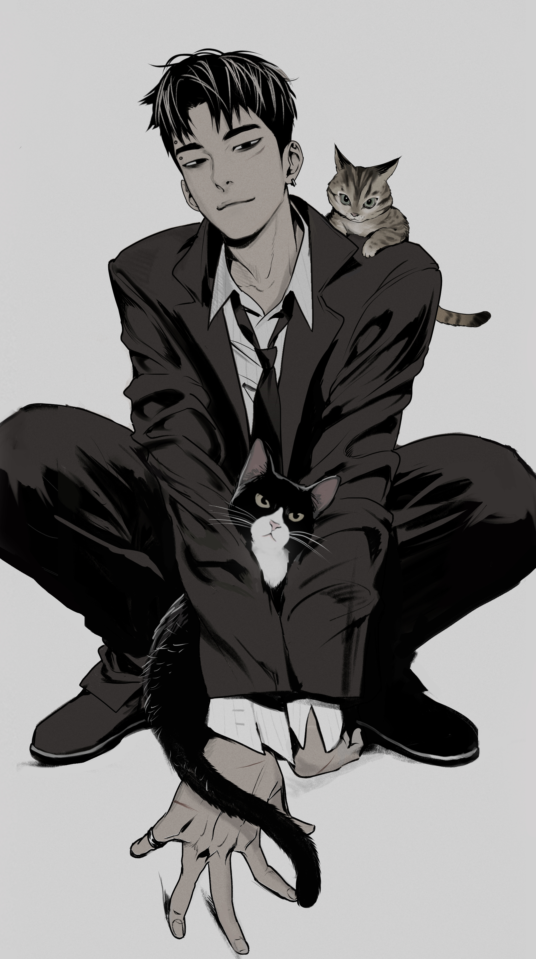 solarsistim, tuxedo cat, original, absurdres, commentary, highres, symbol-only commentary, 1boy, animal, animal on shoulder, black hair, black necktie, black pants, black shoes, black suit, cat, closed mouth, collared shirt, earrings, eyebrow piercing, face piercing, fingernails, formal clothes, grey background, jacket, jewelry, lapels, layered sleeves, long sleeves, looking at viewer, male focus, necktie, notched lapels, open clothes, open collar, open jacket, pants, piercing, ring, shirt, shoes, short hair, simple background, smile, solo, squatting, suit, suit jacket, tabby cat, white shirt, wing collar