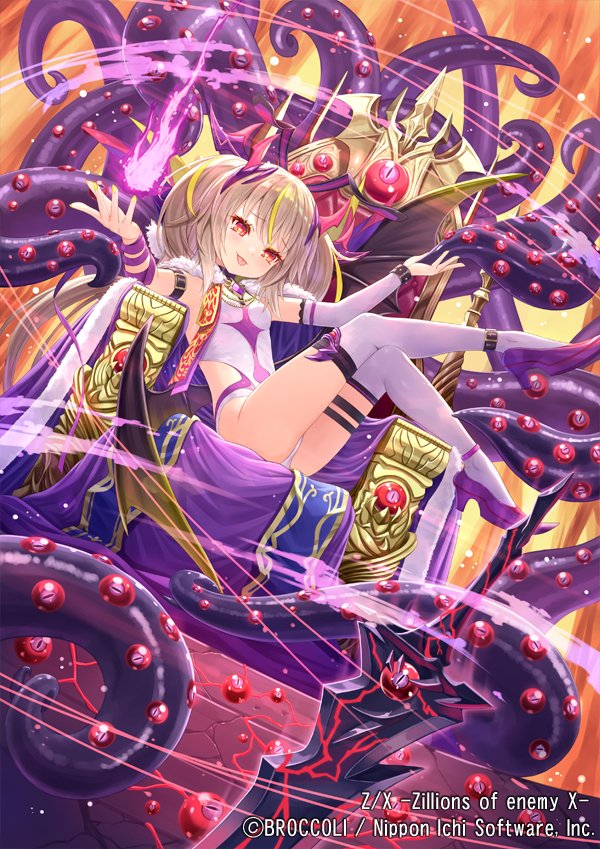 tadokoro teppei, z/x, official art, 1girl, blonde hair, chair, copyright notice, energy ball, hair ornament, hastur (z/x), leotard, on chair, purple leotard, purple shoes, red eyes, shoes, sitting, sword, tentacles, thighhighs, tongue, tongue out, twintails, weapon, white thighhighs