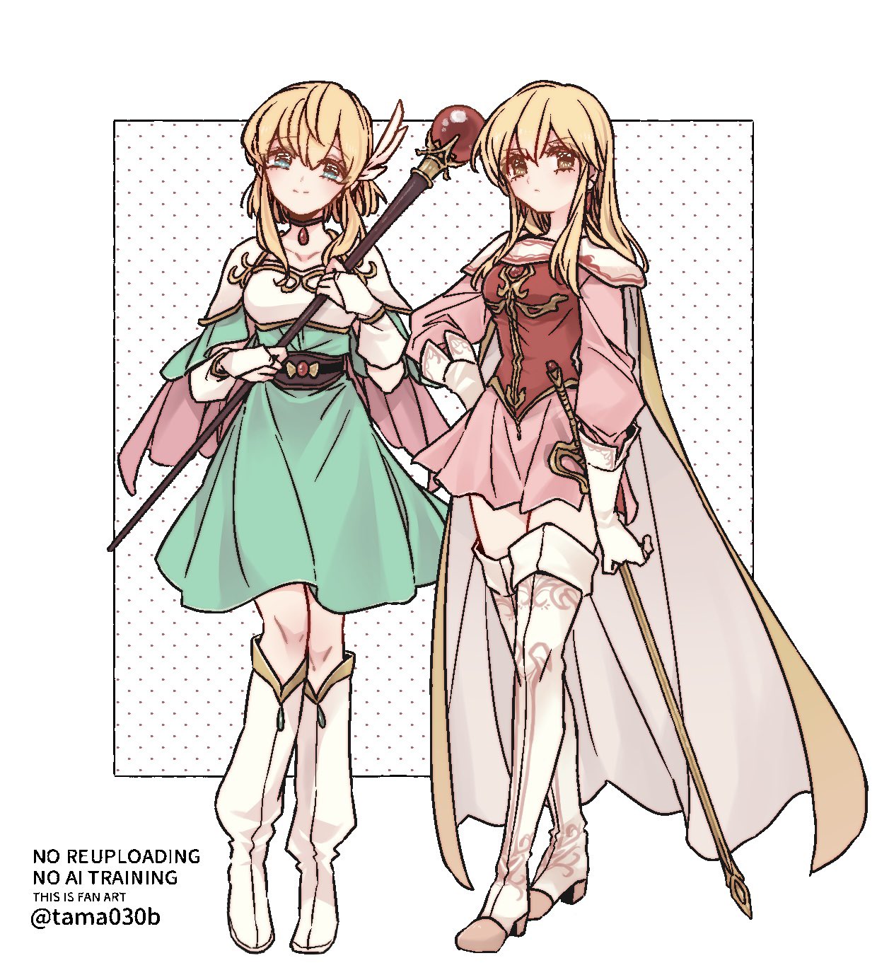 sayu030b, lachesis (fire emblem), nanna (fire emblem), fire emblem, fire emblem: genealogy of the holy war, fire emblem: thracia 776, nintendo, highres, 2girls, armor, blonde hair, blue eyes, blush, boots, breastplate, breasts, bridal gauntlets, brown eyes, cape, closed mouth, dress, gloves, green dress, green eyes, hair ornament, holding, holding staff, knee boots, long hair, looking at viewer, mage staff, mother and daughter, multiple girls, pauldrons, pink cape, pink dress, sheath, short hair, shoulder armor, skirt, smile, staff, sword, thigh boots, two-tone cape, weapon, white armor, white boots, white cape, white gloves, wing hair ornament, winged hair ornament, yellow cape, yellow eyes