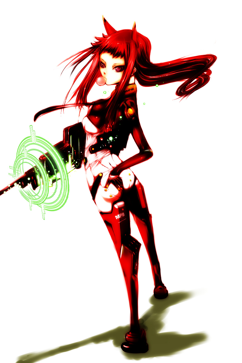 kae (artist), kagerou sabine kurzringer, eulen spiegel, highres, 1girl, animal ears, ass, blowing bubble gum, blowing bubbles, bodysuit, breasts, cable, chewing gum, clothes writing, collar, female focus, glowing, grabbing own ass, grabbing own breast, gun, long hair, looking at viewer, looking back, medium breasts, profile, red eyes, red hair, rifle, science fiction, shadow, sideboob, sidelocks, simple background, skin tight, solo, standing, transparent, weapon, white background, wind
