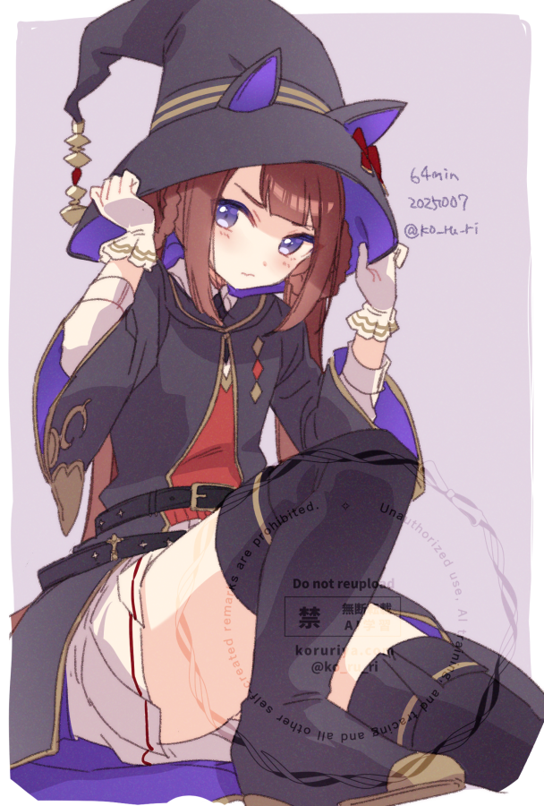 koruri, sweep tosho (platanus witch) (umamusume), sweep tosho (umamusume), umamusume, 1girl, animal ears, belt, black boots, black robe, blush, boots, braid, braided hair rings, brown hair, closed mouth, ear covers, gloves, hair rings, hat, hat with ears, horse ears, horse girl, horse tail, long hair, looking at viewer, purple eyes, red shirt, robe, shirt, simple background, skirt, solo, tail, thigh boots, twintails, white gloves, white skirt, witch hat