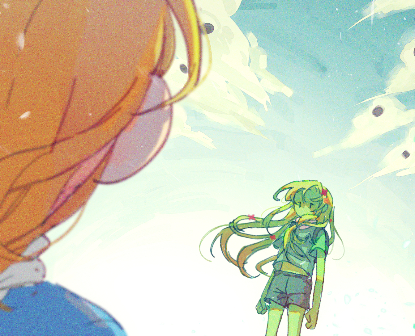 meme3487486938, fern (adventure time), finn the human, adventure time, 2boys, blonde hair, colored skin, flower, hair flower, hair ornament, long hair, male focus, monster boy, multiple boys, plant boy, shirt, shorts, t-shirt