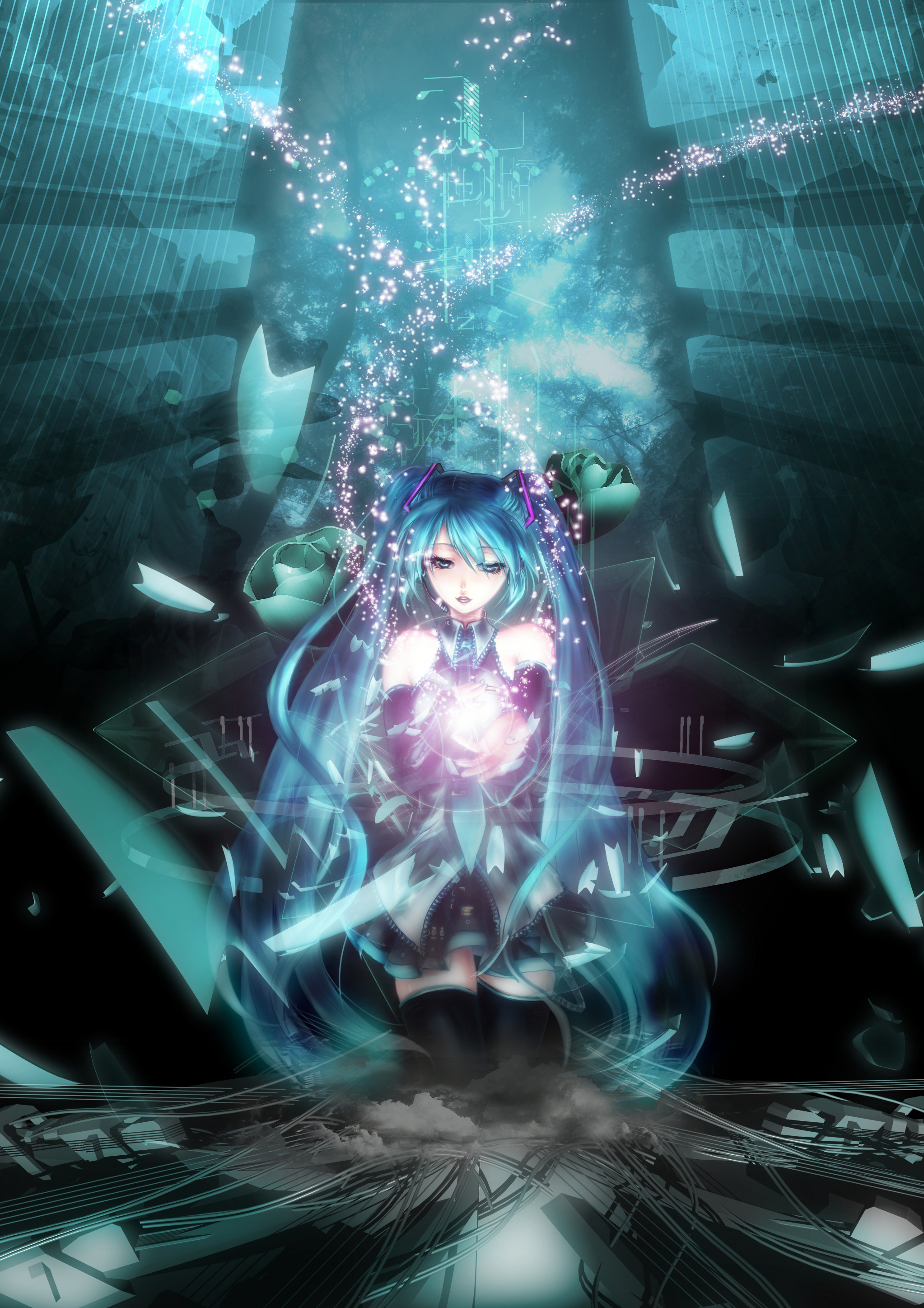 saiun hanatsubasa, hatsune miku, vocaloid, absurdres, bad id, bad pixiv id, highres, blue eyes, blue hair, detached sleeves, flower, headset, long hair, necktie, rose, skirt, solo, thighhighs, twintails, very long hair, zettai ryouiki