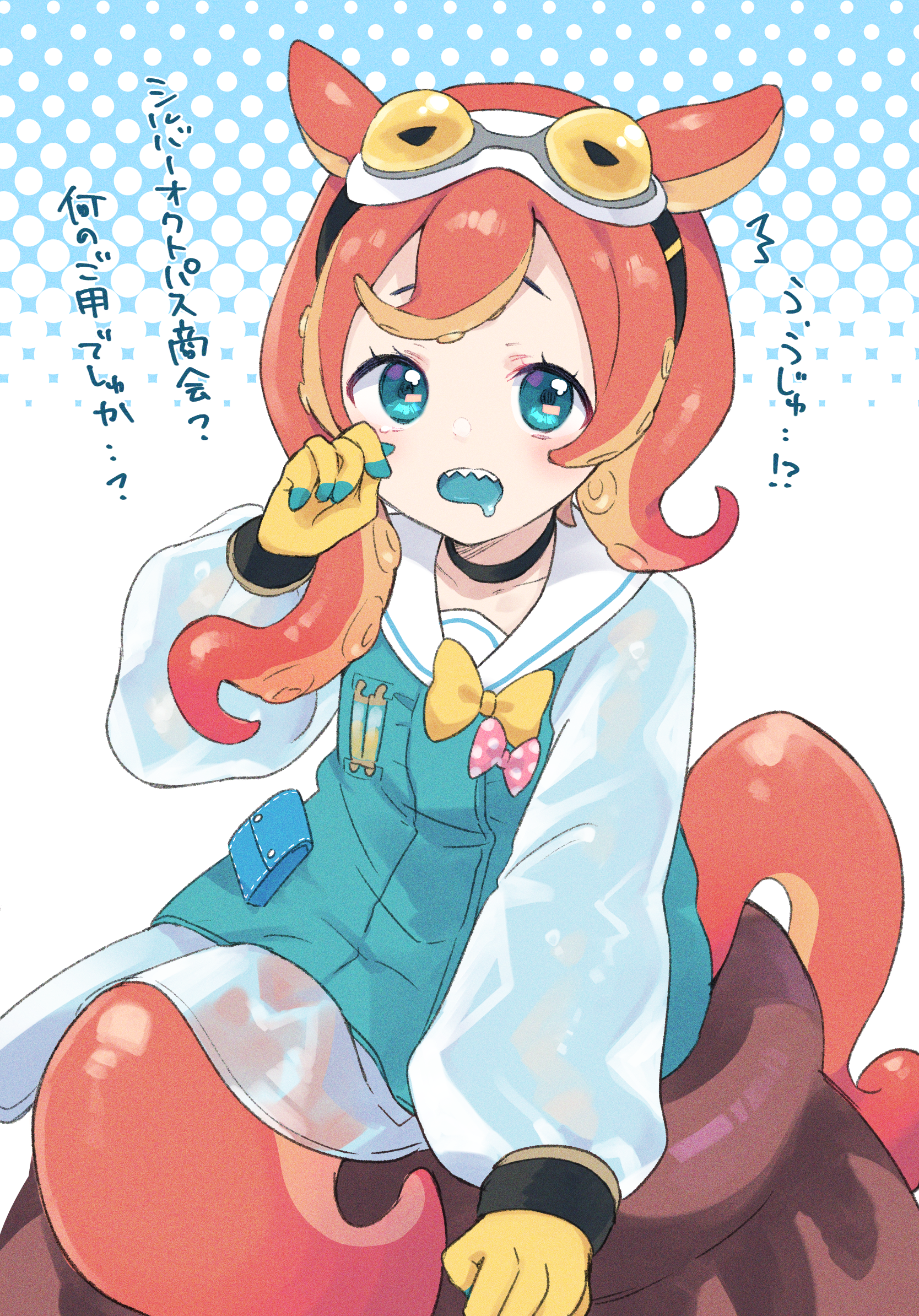 gucchiann, rurui (princess connect!), princess connect!, commentary request, highres, translation request, 1girl, black choker, blue dress, blue eyes, blue tongue, bow, choker, collarbone, colored tongue, dress, gloves, goggles, goggles on head, halftone, halftone background, hand up, long sleeves, orange hair, polka dot, polka dot bow, puffy long sleeves, puffy sleeves, sailor collar, sailor dress, saliva, sharp teeth, solo, teeth, tentacle hair, white sailor collar, yellow bow, yellow gloves