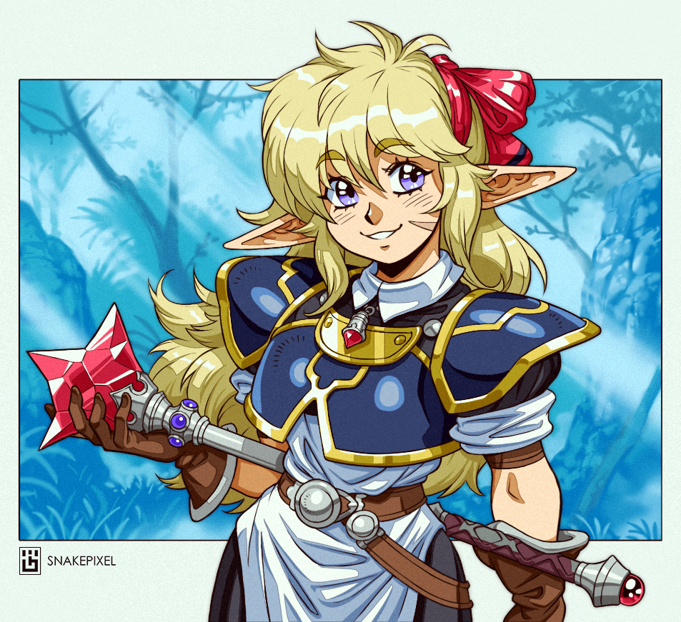 simon stafsnes andersen, original, 1990s (style), 1girl, antenna hair, armor, bare tree, belt, blonde hair, blue armor, blue background, border, bow, brown belt, brown gloves, brown trim, collar, crystal weapon, elf, faux retro artstyle, forest, gloves, green border, grin, hair between eyes, hair bow, holding, holding behind back, holding mace, holding weapon, jewelry, light rays, long hair, mace, nature, pendant, pointy ears, purple eyes, red bow, retro artstyle, shirt, short sleeves, shoulder pads, smile, solo, swept bangs, tree, upper body, weapon, white collar, white shirt
