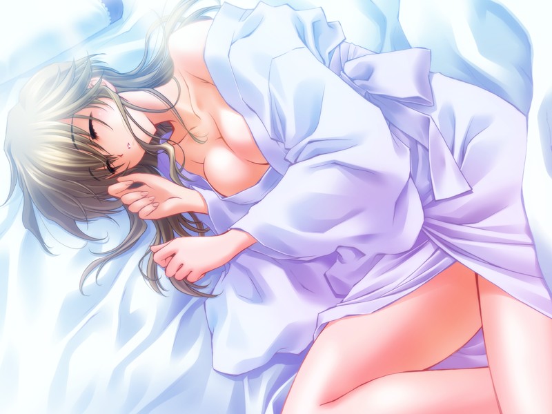 carnelian, kamiazuma yumiko, touka gettan, game cg, 00s, 1girl, bed, breasts, brown hair, cleavage, closed eyes, female focus, mature female, medium breasts, sleeping, solo