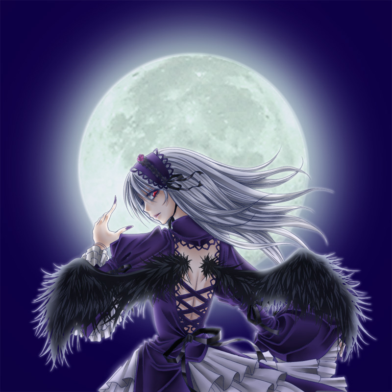 hacka, suigintou, rozen maiden, silver hair, bad id, bad pixiv id, 00s, back, dress, frills, hairband, looking back, moon, purple eyes, ribbon, solo, wings