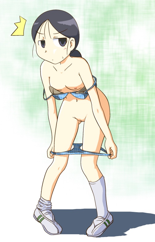 toutouhai, kuga kokage, sketchbook full colors, 00s, 1girl, ^^^, bent over, black eyes, black hair, bra, bra pull, breast padding, censored, clothes pull, female focus, flat chest, kneehighs, leaning forward, lingerie, nipples, panties, panty pull, ponytail, pussy, shoes, sock pull, socks, solo, underwear, underwear only, undressing