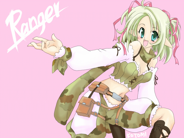kotomi (happy colors), ranger (ragnarok online), ragnarok online, commentary request, 1girl, 2000s (style), :d, belt, belt pouch, blonde hair, blue eyes, blush, breasts, brown belt, camouflage, camouflage scarf, camouflage shorts, character name, cleavage, detached sleeves, feet out of frame, green scarf, green shorts, green tube top, hair ribbon, looking at viewer, medium breasts, medium hair, navel, open mouth, pink background, pink ribbon, pointy ears, pouch, ribbon, scarf, shorts, simple background, smile, solo, strapless, tube top, white sleeves