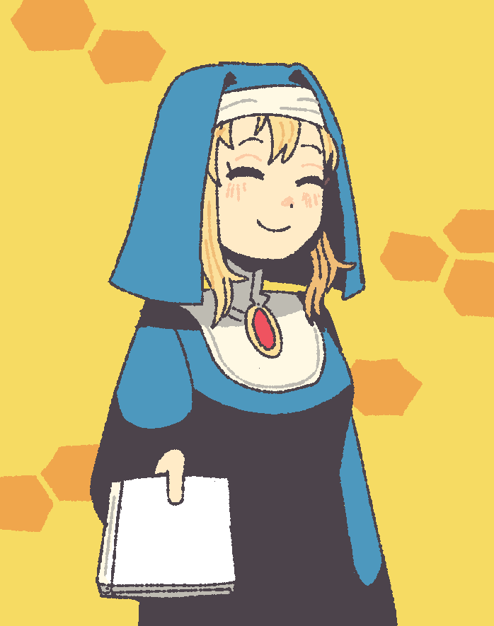 farfinfarfin, original, commentary, english commentary, 1girl, blonde hair, blue dress, closed eyes, dress, holding, nun, smile, solo, template, upper body, yellow background