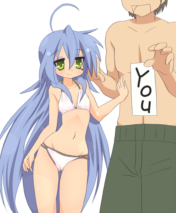 sora to umi, izumi konata, lucky star, tall, 00s, 1boy, 1girl, :3, ahoge, bikini, blue hair, collarbone, faceless, faceless male, flat chest, gluteal fold, green eyes, groin, height difference, hip focus, long hair, mole, mole under eye, navel, size difference, smile, swimsuit, thighs, very long hair, wide hips