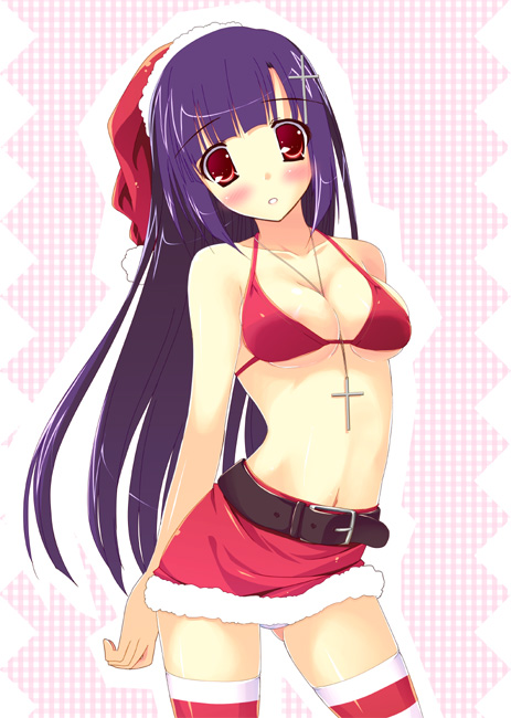 yuki usagi, zange, kannagi, bad id, bad pixiv id, 00s, 1girl, arms behind back, bare shoulders, belt, between breasts, bikini, bikini top only, blush, bra, breasts, christmas, cleavage, cross, female focus, fur (clothing), hat, lingerie, long hair, midriff, miniskirt, navel, panties, pantyshot, purple hair, red bikini, red eyes, santa costume, santa hat, skirt, solo, swimsuit, thighhighs, underboob, underwear, upskirt, very long hair, white panties, zettai ryouiki