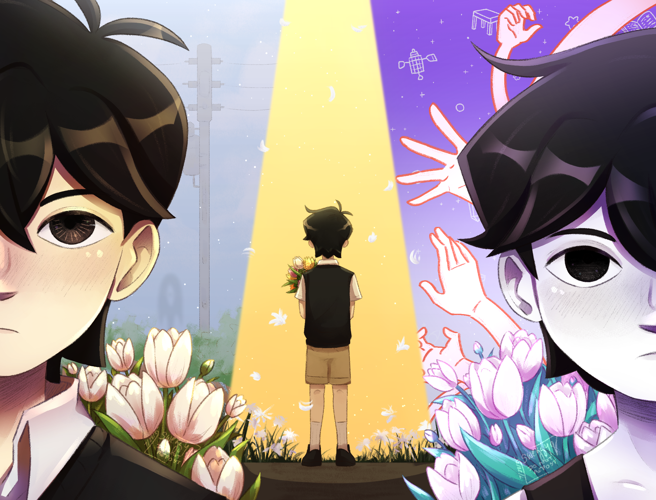 omori (omori), something (omori), sunny (omori), omori, highres, 2boys, antenna hair, black eyes, black hair, black shoes, black sweater vest, black tank top, bouquet, brown shorts, closed mouth, collarbone, collared shirt, double-parted bangs, dual persona, flower, hair between eyes, holding, holding bouquet, looking at viewer, male focus, multiple boys, power lines, purple sky, shirt, shoes, short hair, shorts, sky, socks, sweater vest, sweggyq, tank top, tulip, white flower, white shirt, white socks, white tulip