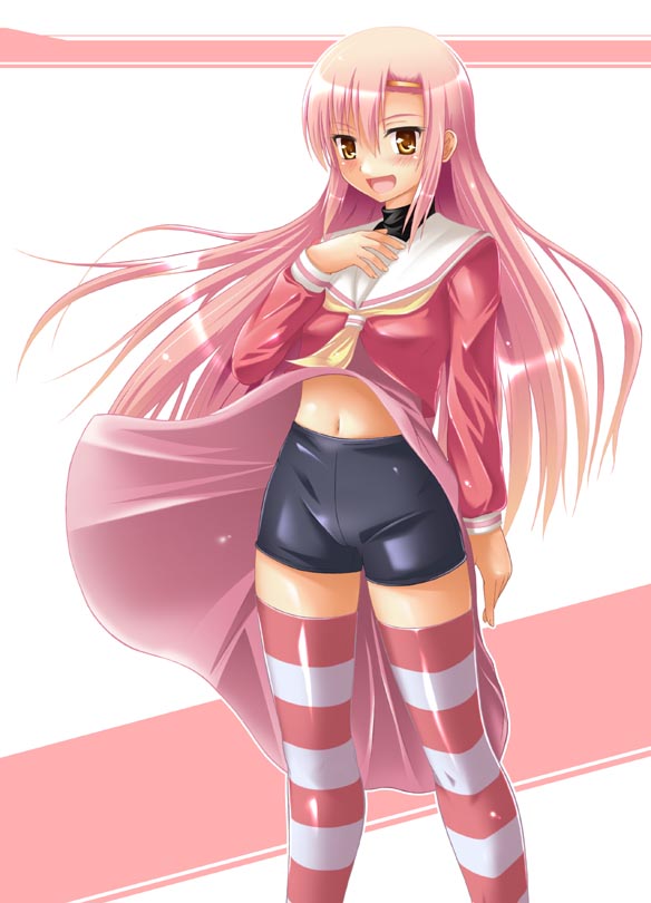 suzuka sakito, katsura hinagiku, hayate no gotoku!, 00s, 1girl, bike shorts, blush, clothes lift, dress, dress lift, female focus, hairband, headband, long hair, midriff, navel, open mouth, pink hair, school uniform, serafuku, skirt, skirt lift, solo, striped clothes, striped thighhighs, thighhighs, wind, wind lift, yellow eyes