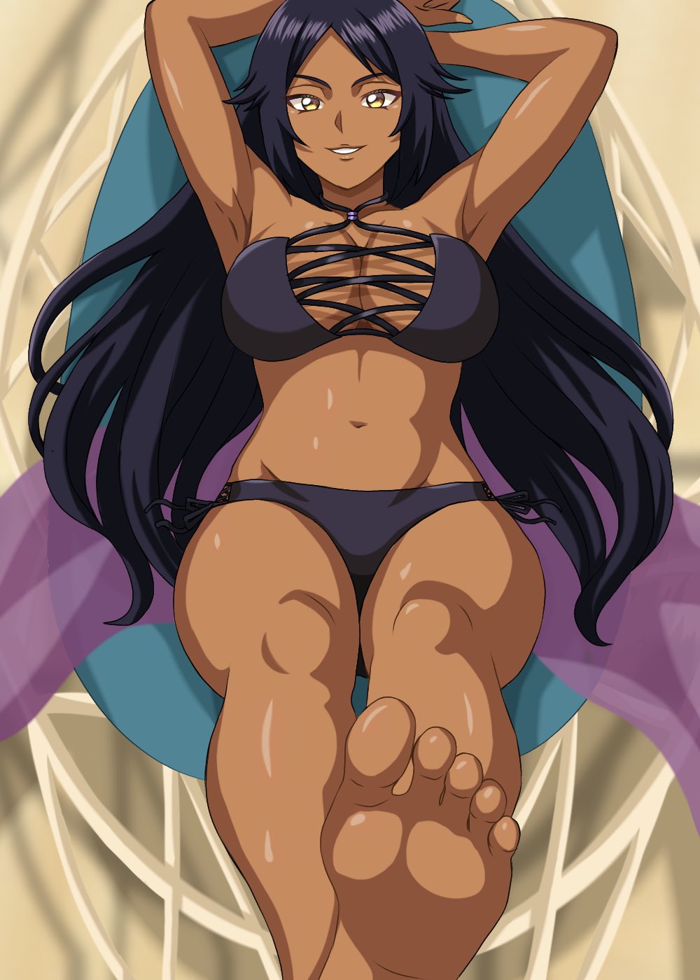 b eaka, shihouin yoruichi, bleach, bleach: brave souls, bleach: sennen kessen-hen, 1girl, arms up, bare shoulders, barefoot, beach, beach towel, bikini, breasts, collarbone, dark-skinned female, dark skin, female focus, large breasts, legs, official alternate costume, parted bangs, purple hair, shiny skin, string bikini, swimsuit, towel, yellow eyes