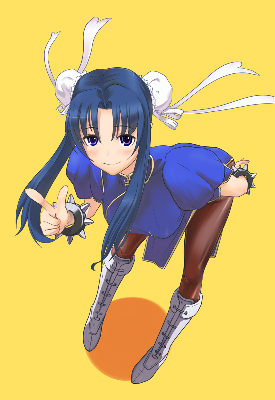 haioman, chun-li, kawashima ami, capcom, street fighter, toradora!, highres, 1girl, bent over, blue hair, boots, bracelet, bun cover, china dress, chinese clothes, chun-li (cosplay), cosplay, double bun, dress, female focus, hair bun, jewelry, knee boots, long hair, pantyhose, parody, pelvic curtain, purple eyes, solo, spiked bracelet, spikes