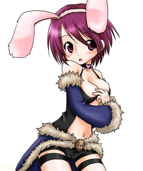 kotomi (happy colors), stalker (ragnarok online), ragnarok online, commentary request, 1girl, 2000s (style), :o, animal ears, arms under breasts, black shorts, black tank top, blue cape, blue sleeves, blush, breasts, cameltoe, cape, choker, cleavage, clothing cutout, cowboy shot, detached sleeves, fake animal ears, fur-trimmed cape, fur-trimmed sleeves, fur trim, heart, heart choker, looking at viewer, medium breasts, navel, open mouth, purple eyes, purple hair, rabbit ears, short hair, short shorts, shorts, simple background, solo, stomach cutout, tank top, waist cape, white background