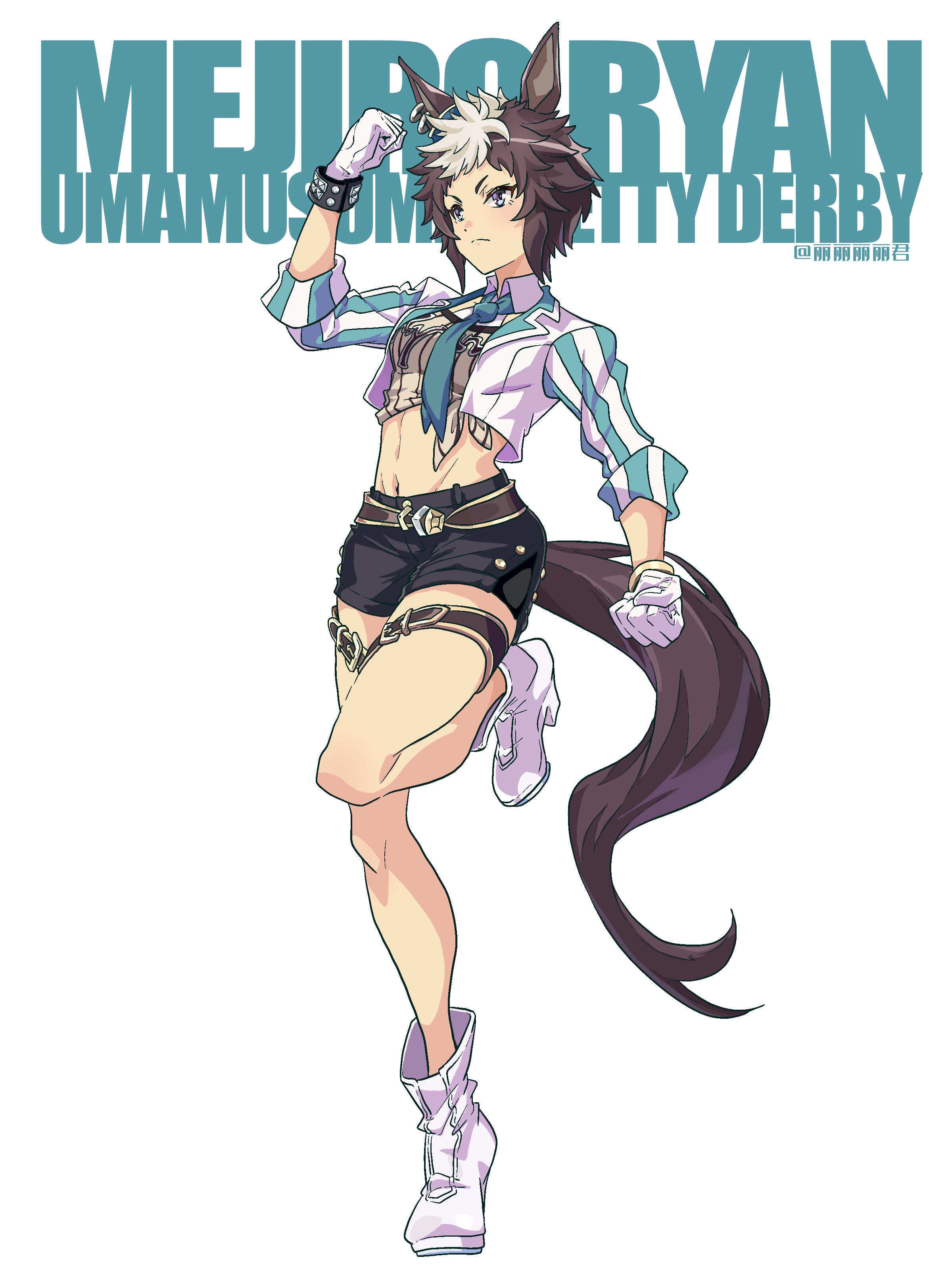 li li li li jun, mejiro ryan (down the line) (umamusume), mejiro ryan (umamusume), umamusume, absurdres, commentary request, highres, 1girl, animal ears, belt, black shorts, blue eyes, blue neckerchief, blush, boots, breasts, brown shirt, character name, closed mouth, collared shirt, copyright name, cropped jacket, ear ornament, ear piercing, full body, gloves, hands up, horse ears, horse girl, horse tail, jacket, medium breasts, midriff, multicolored hair, navel, neckerchief, open clothes, open jacket, piercing, shirt, short hair, short shorts, shorts, simple background, smile, solo, standing, streaked hair, tachi-e, tail, thigh belt, thigh strap, tied shirt, tomboy, white background, white boots, white gloves, white hair, white shirt