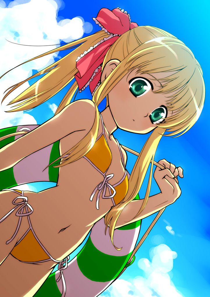 rintarou, original, 1girl, bikini, blonde hair, breasts, day, dutch angle, female focus, green eyes, hair ribbon, innertube, long hair, looking at viewer, midriff, navel, ponytail, ribbon, side-tie bikini bottom, small breasts, solo, swim ring, swimsuit, yellow bikini