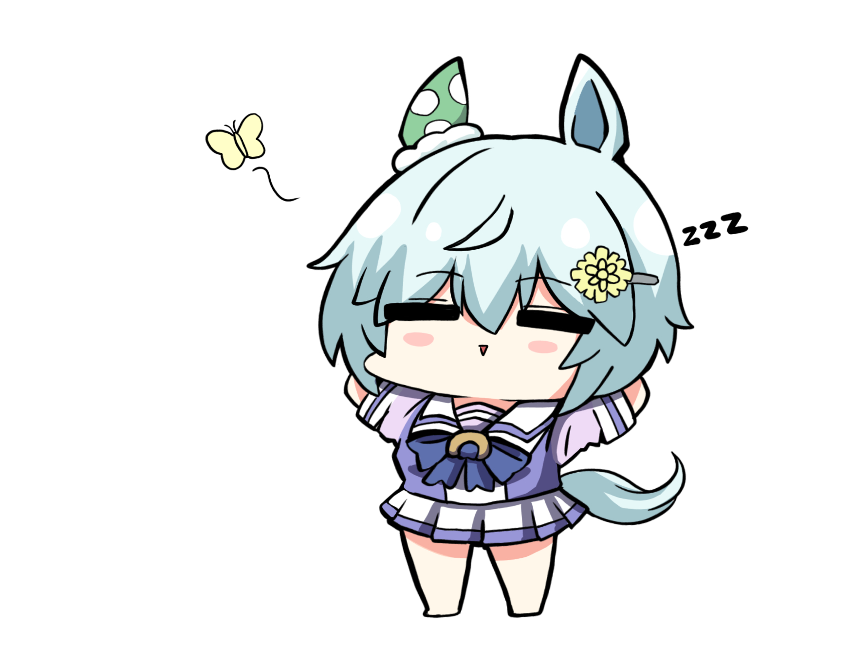 kawamochi (kawauti919), seiun sky (umamusume), umamusume, highres, 1girl, :>, animal, animal ears, arms behind head, arms up, barefoot, blue bow, blush stickers, bow, bug, butterfly, closed eyes, flower, full body, grey hair, hair between eyes, hair flower, hair ornament, hairclip, horse ears, horse girl, horse tail, insect, parted lips, pleated skirt, puffy short sleeves, puffy sleeves, purple shirt, school uniform, shirt, short sleeves, simple background, skirt, sleeping, sleeping upright, solo, standing, tail, tracen school uniform, triangle mouth, white background, white skirt, yellow flower, zzz