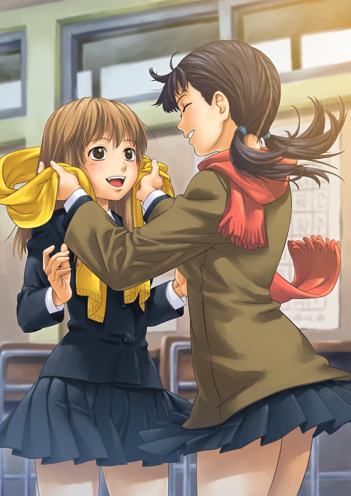 rintarou, original, 2girls, black hair, brown eyes, brown hair, classroom, closed eyes, coat, indoors, long hair, multiple girls, red scarf, scarf, school, school uniform, skirt, smile, sunset, twintails, yellow scarf