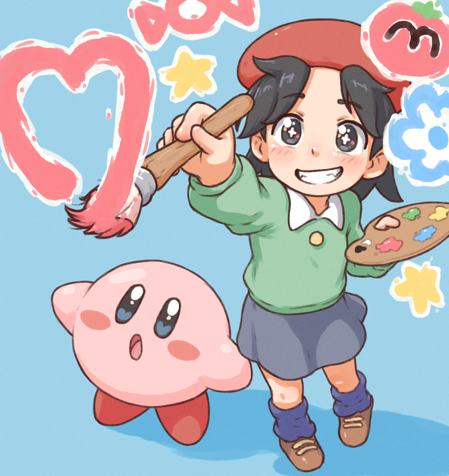 beachepisode, adeleine, kirby, kirby (series), kirby 64, nintendo, highres, 1girl, beret, black eyes, black hair, blush, grey skirt, grin, hat, holding, holding paint palette, holding paintbrush, long sleeves, maxim tomato, open mouth, paint palette, paintbrush, painting (action), parted bangs, red hat, short hair, skirt, smile, teeth