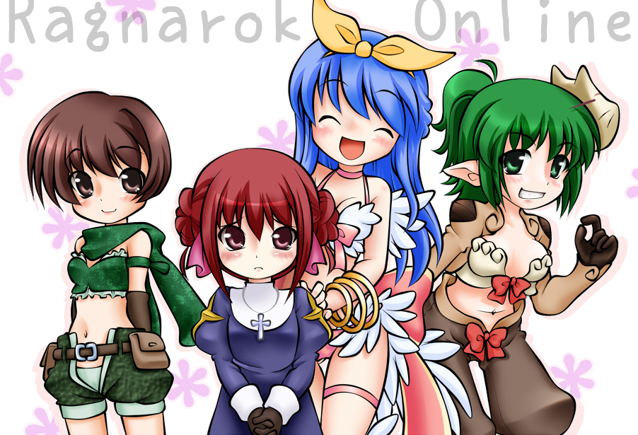 kotomi (happy colors), priest (ragnarok online), ranger (ragnarok online), thief (ragnarok online), wanderer (ragnarok online), ragnarok online, commentary request, 4girls, :d, arms behind back, bangle, bikini, blue dress, blue hair, blush, bow, bow bra, bra, bracelet, breasts, brown eyes, brown gloves, brown hair, brown shorts, camouflage, camouflage shorts, closed eyes, closed mouth, copyright name, cowboy shot, cross, cross necklace, double bun, dress, feather trim, fox mask, gloves, green eyes, green hair, green scarf, green shorts, green tube top, grin, hair bow, hair bun, jewelry, juliet sleeves, long hair, long sleeves, looking at viewer, mask, mask on head, medium breasts, multiple girls, navel, necklace, open fly, open mouth, pointy ears, puffy sleeves, red bow, red eyes, red hair, scarf, shorts, shrug (clothing), small breasts, smile, strapless, swimsuit, tube top, underwear, white background, white bikini, white bra, yellow bow