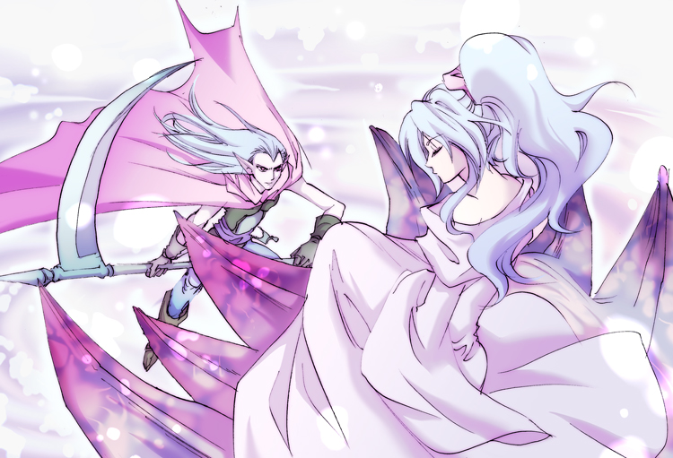 aya tsudi, dream devourer, lavos (chrono trigger), magus (chrono trigger), schala zeal, chrono (series), chrono trigger, bad id, bad pixiv id, 1990s (style), 1boy, 1girl, blue hair, cape, long hair, pointy ears, ponytail, retro artstyle, robe, scythe