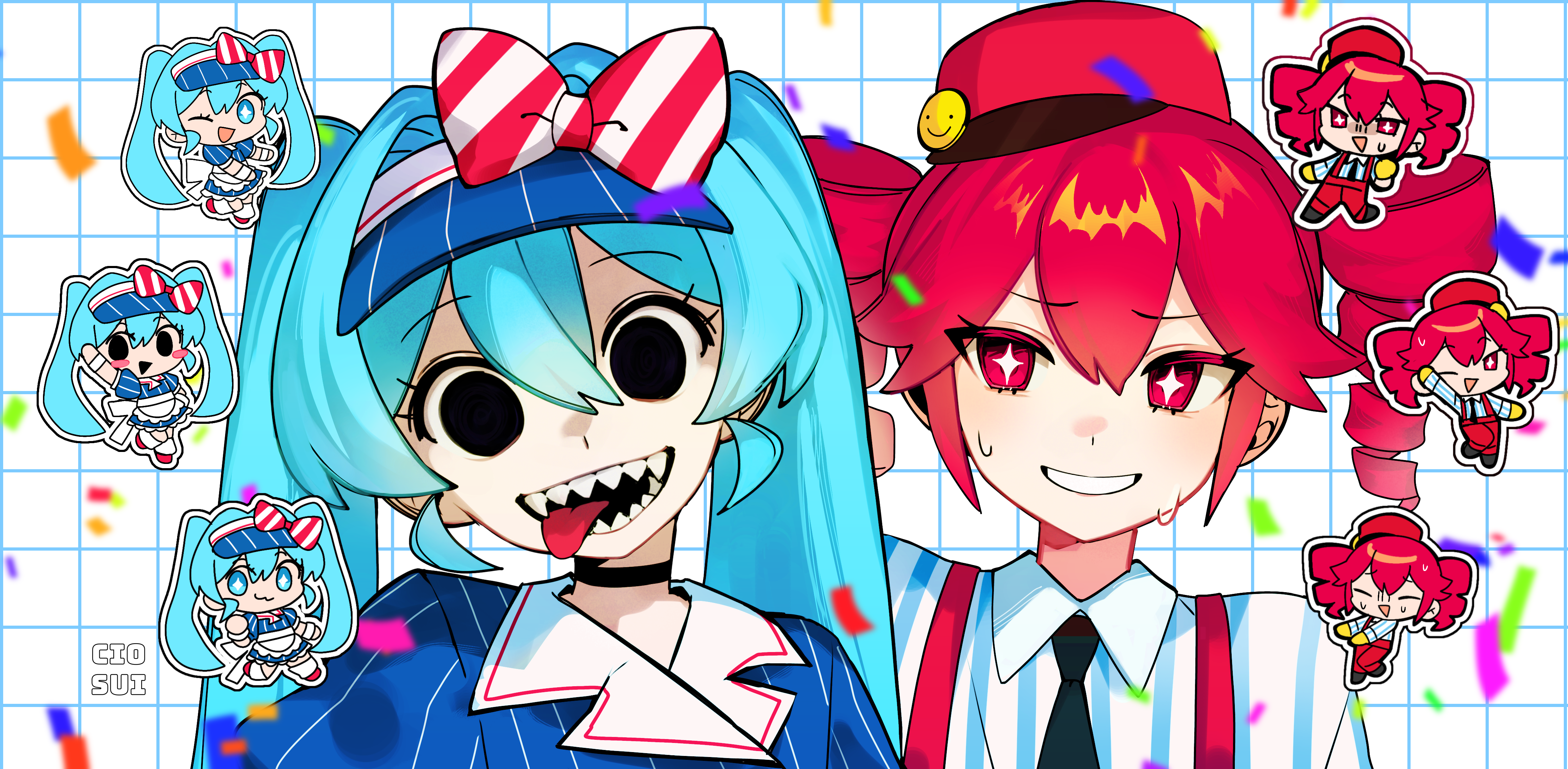 cio (ciosui), hatsune miku, kasane teto, mesmerizer (vocaloid), utau, vocaloid, absurdres, highres, 2girls, apron, black necktie, blue dress, bow, chibi, closed eyes, collared shirt, confetti, dancing, double-parted bangs, dress, drill hair, dual persona, gloves, grin, hair between eyes, hat, hat bow, jewelry, long sleeves, looking at another, looking at viewer, multiple girls, necktie, nervous smile, one eye closed, open mouth, pinstripe dress, pinstripe pattern, portrait, red eyes, red hair, sailor collar, sharp teeth, shirt, short sleeves, simple background, smile, smiley hat ornament, solid oval eyes, star-shaped pupils, star (symbol), striped bow, striped clothes, striped shirt, sweat, symbol-shaped pupils, teeth, tongue, tongue out, triangle mouth, twin drills, twintails, white apron, white background, wing collar, yellow gloves