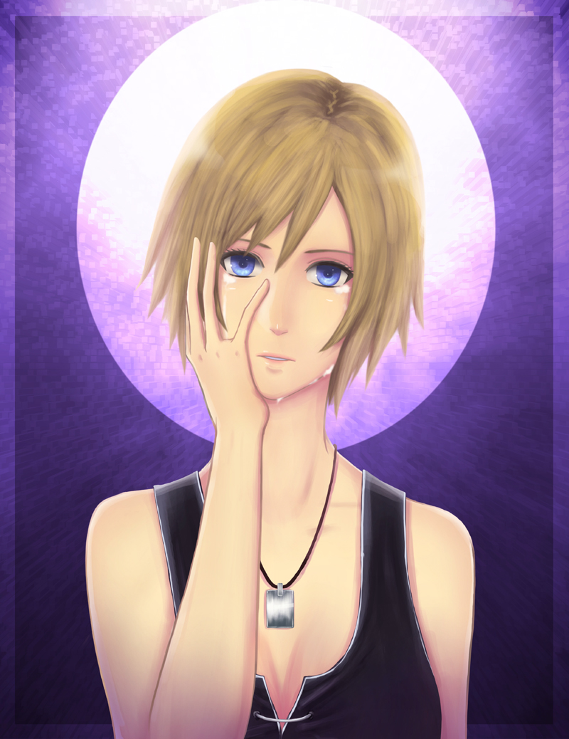 sakimori (hououbds), aya brea, parasite eve (series), parasite eve the 3rd birthday, bad id, bad pixiv id, 1girl, blonde hair, blue eyes, female focus, jewelry, moon, necklace, short hair, solo, tears, vest