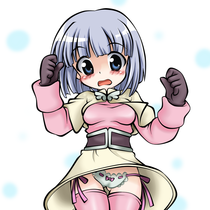 kotomi (happy colors), acolyte (ragnarok online), ragnarok online, commentary request, 1girl, 2000s (style), blue eyes, blush, breasts, capelet, cowboy shot, gloves, grey gloves, grey hair, long sleeves, looking down, medium breasts, open mouth, panties, pantyshot, pink shirt, pink thighhighs, ribbon-trimmed panties, ribbon trim, shirt, short hair, simple background, skirt, solo, thighhighs, underwear, white background, white capelet, white panties, white skirt, wind, wind lift