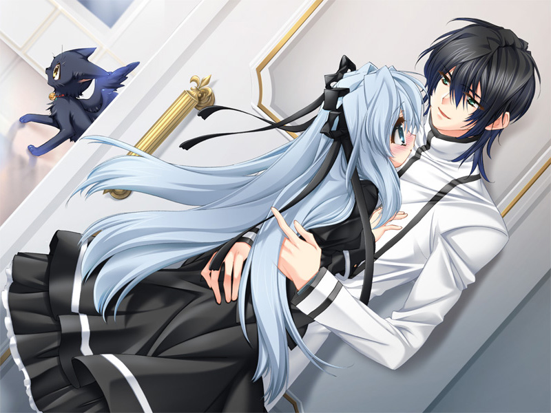 toujou sakana, ashe (under the moon), kyle (under the moon), seizh, under the moon, game cg, 1boy, 1girl, black hair, blue eyes, blue hair, blush, cat, couple, dress, green eyes, hetero, hug, long hair, ribbon, white hair, wings