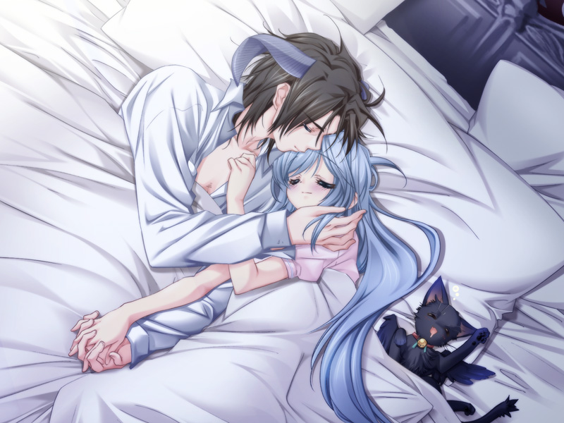 toujou sakana, ashe (under the moon), kyle (under the moon), under the moon, game cg, 1boy, 1girl, afterglow, animal ears, bed, black hair, blue hair, blush, cat, closed eyes, couple, hetero, holding hands, horns, kiss, long hair, sleeping, white hair