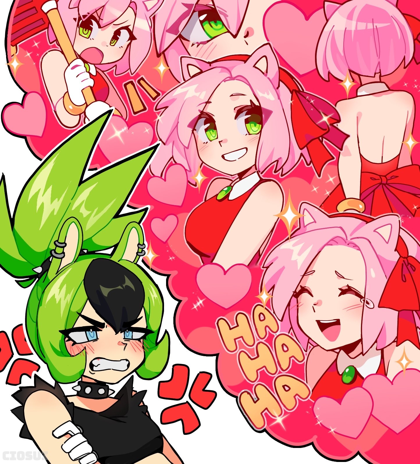 cio (ciosui), amy rose, surge the tenrec, sonic (series), sonic the hedgehog (idw), highres, 2girls, anger vein, animal ears, black hair, blue eyes, blush, breasts, clenched teeth, collar, dress, ear piercing, gloves, green eyes, green hair, grin, hairband, hammer, heart, holding, holding hammer, humanization, laughing, multicolored hair, multiple girls, open mouth, piercing, ponytail, red dress, red hairband, shirt, sleeveless, sleeveless shirt, smile, spiked collar, spikes, tearing up, teeth, white gloves, yuri