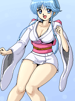 isu, yukime (jigoku sensei nube), jigoku sensei nube, lowres, 1990s (style), 1girl, blue eyes, blue hair, breasts, cleavage, female focus, happy, japanese clothes, kimono, large breasts, legs, long hair, matching hair/eyes, oekaki, retro artstyle, solo, yuki onna