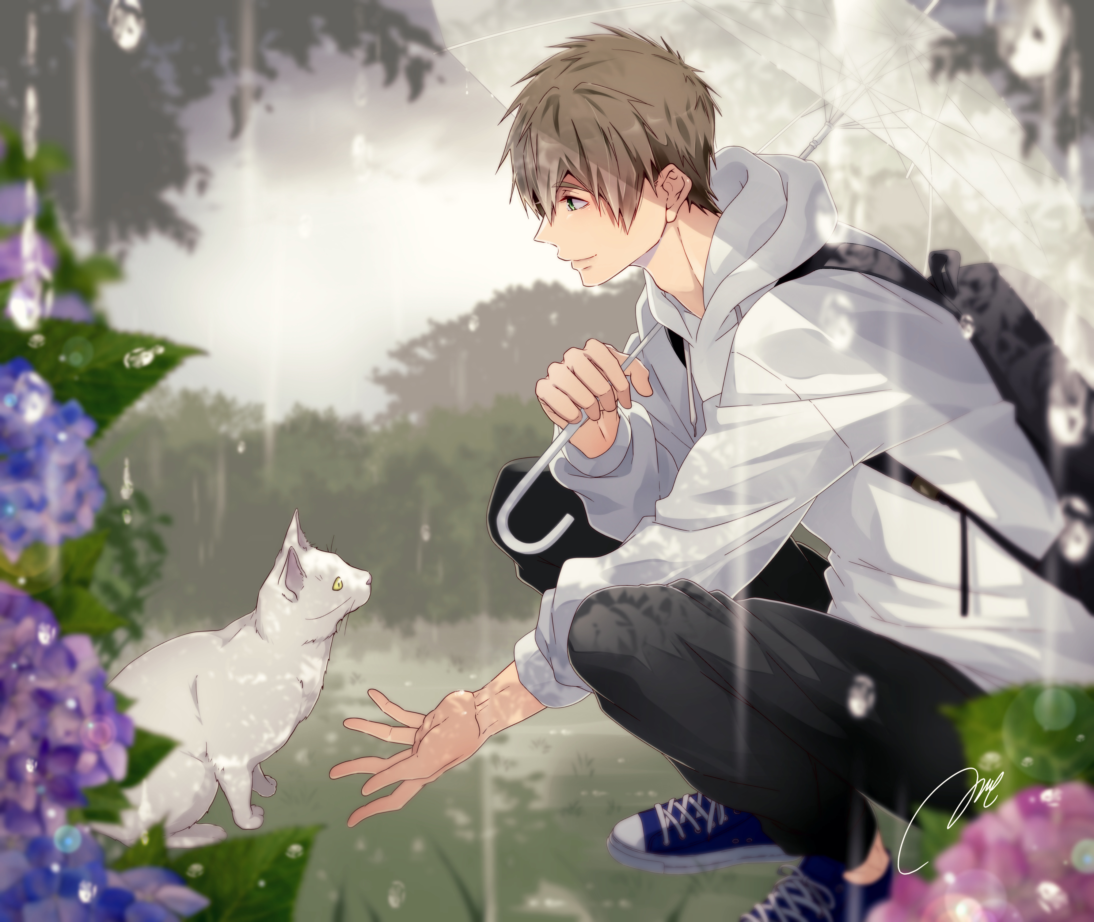 tsuiri siroiro, tachibana makoto, free!, absurdres, commentary request, highres, 1boy, animal, black pants, blue flower, brown hair, cat, closed mouth, cloud, cloudy sky, drawstring, flower, from side, holding, holding umbrella, hood, hood down, hoodie, leaf, looking at animal, male focus, outdoors, outstretched arm, pants, pink flower, purple flower, rain, shoelaces, shoes, short hair, signature, sky, smile, solo, squatting, transparent, transparent umbrella, tree, umbrella, white cat, white hoodie, wisteria