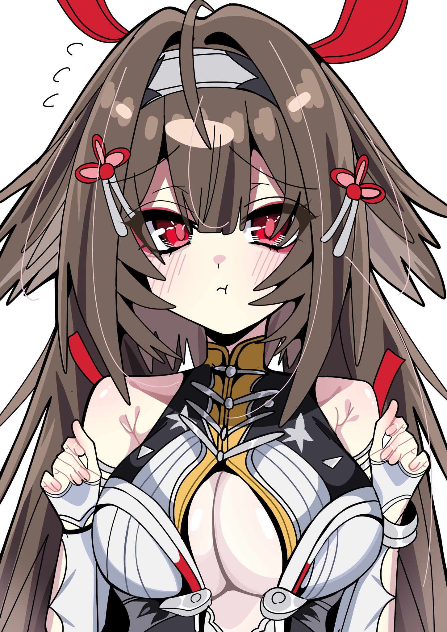 hafu, mihoyo, zenless zone zero, highres, 1girl, animal ear fluff, animal ears, bare shoulders, blush, breasts, brown hair, china dress, chinese clothes, cleavage, cleavage cutout, closed mouth, clothing cutout, clover, clover hair ornament, dress, eyeshadow, floppy ears, hair between eyes, hair ornament, hairband, hand up, large breasts, long hair, looking at viewer, makeup, puffy cheeks, red eyes, red eyeshadow, rukir777, simple background, sleeveless, sleeveless dress, solo, very long hair, weapon, white background, white dress, ye shunguang