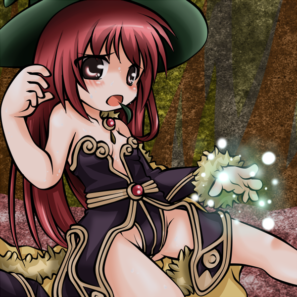 kotomi (happy colors), wizard (ragnarok online), ragnarok online, commentary request, 1girl, 2000s (style), black dress, blush, breasts, brown background, cowboy shot, dress, green hat, groin, hat, leaf in mouth, long hair, long sleeves, looking at viewer, open mouth, raised inner eyebrows, sitting, small breasts, solo, strapless, strapless dress, witch hat