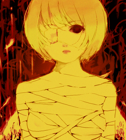 ayanami rei, neon genesis evangelion, 1girl, bandages, breasts, eyepatch, female focus, lips, monochrome, naked bandage, nipple slip, nipples, nude, red background, red eyes, short hair, solo, yellow theme