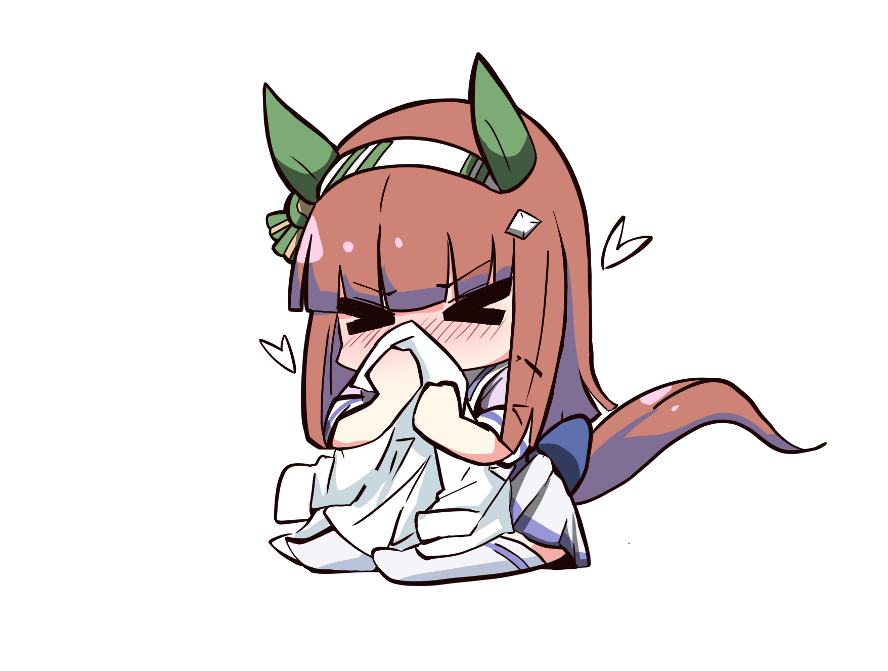 kawamochi (kawauti919), silence suzuka (umamusume), umamusume, highres, > <, 1girl, animal ears, blush, brown hair, chibi, closed eyes, full body, hairband, heart, holding, holding shirt, holding unworn clothes, horse ears, horse girl, horse tail, long hair, no shoes, nose blush, pleated skirt, puffy short sleeves, puffy sleeves, purple shirt, school uniform, shirt, short sleeves, simple background, sitting, skirt, smelling, smelling clothes, solo, tail, thighhighs, tracen school uniform, unworn shirt, very long hair, white background, white hairband, white skirt, white thighhighs