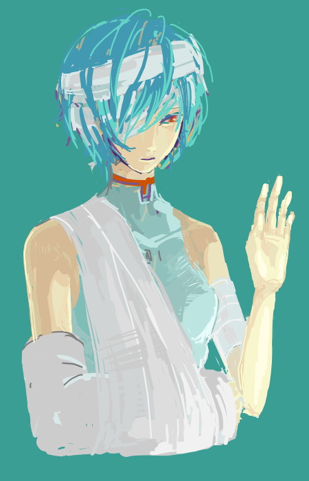 ayanami rei, neon genesis evangelion, 1girl, arm sling, bandage over one eye, bandages, blue hair, cast, eyepatch, female focus, mecha pilot suit, oekaki, plugsuit (evangelion), red eyes, short hair, simple background, sleeveless, solo, waving