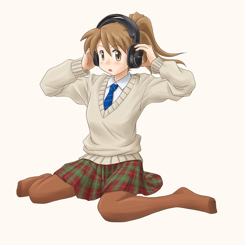 lielos, poniko (lielos), original, 1girl, blue necktie, brown eyes, brown hair, female focus, headphones, long hair, necktie, pantyhose, plaid clothes, plaid skirt, ponytail, school uniform, skirt, solo