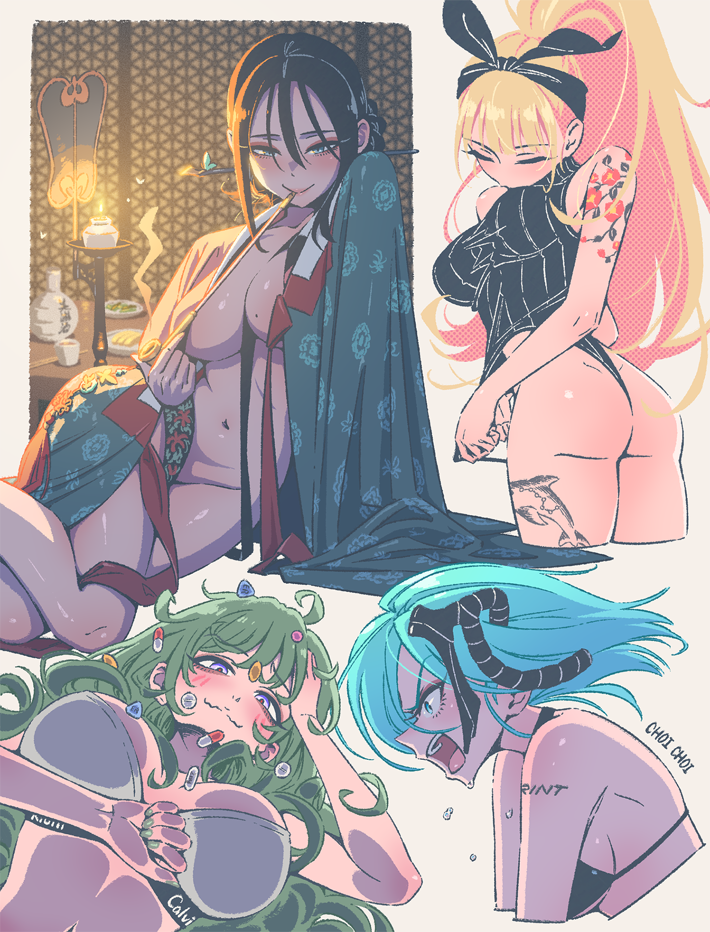 iohc choi, original, commentary request, highres, 4girls, ahoge, aqua hair, artist name, ass, black hair, black leotard, blonde hair, blush, breasts, green hair, hair ornament, hair stick, high ponytail, holding, holding smoking pipe, large breasts, leotard, long hair, looking ahead, looking at viewer, mole, mole on breast, multiple girls, navel, ponytail, ribbed leotard, smile, smoking, smoking pipe, sports bra, stomach, very long hair, white sports bra