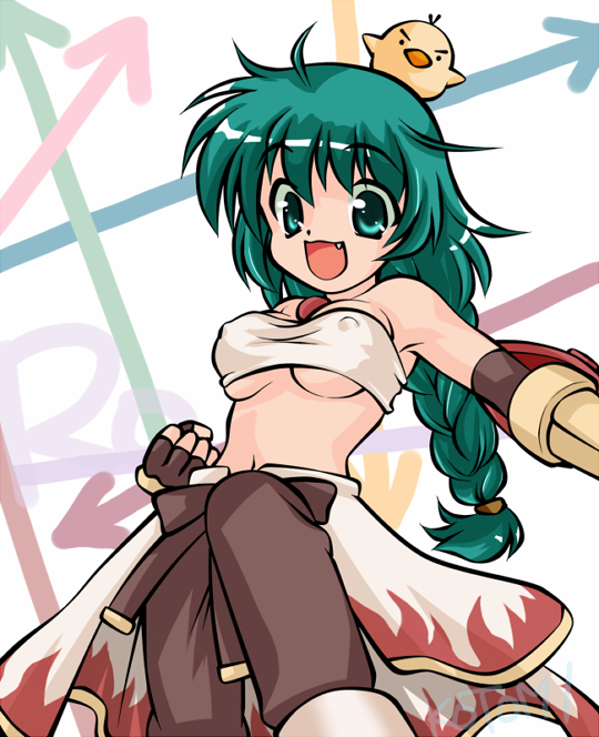 kotomi (happy colors), sura (ragnarok online), ragnarok online, commentary request, 1girl, ahoge, animal, animal on head, arrow (symbol), bandeau, bird, bird on head, braid, braided ponytail, breasts, brown gloves, brown pants, clenched hand, clothes around waist, covered erect nipples, cowboy shot, fang, fingerless gloves, flame print, gloves, green eyes, green hair, long hair, looking at viewer, medium breasts, navel, on head, open mouth, pants, shirt, shirt around waist, smile, solo, white background, white bandeau, white shirt