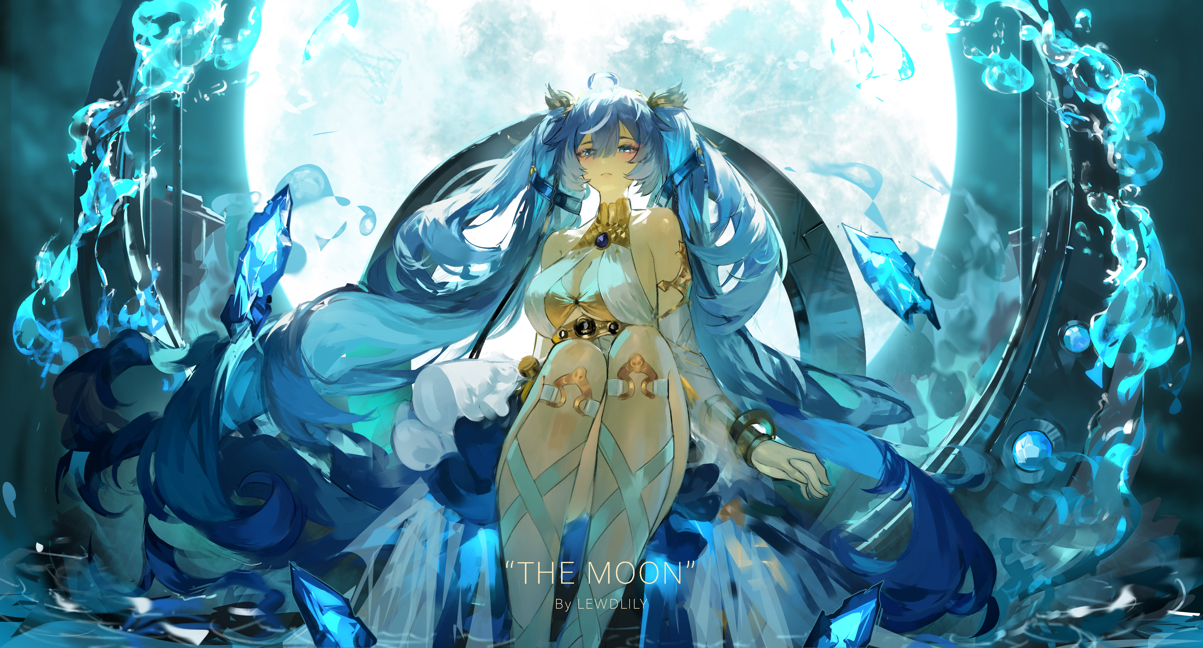 lewdlily66, iuno (wuthering waves), wuthering waves, absurdres, commentary, highres, 1girl, ahoge, armlet, bare shoulders, blue eyes, blue hair, breasts, english text, gold bra, jewelry, large breasts, leg wrap, long hair, looking at viewer, sitting, solo, twintails, very long hair