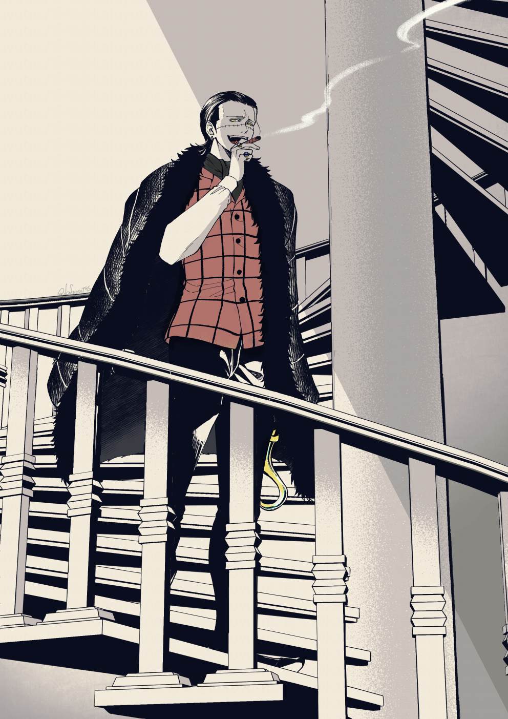 kafuyutns, crocodile (one piece), one piece, highres, 1boy, arm at side, black hair, cape, cigar, fur-trimmed cape, fur trim, hair slicked back, hook hand, jewelry, male focus, mature male, monochrome, multiple rings, open mouth, ring, short hair, smoking, solo, spiral staircase, spot color, stairs, stitched face, stitches, vest